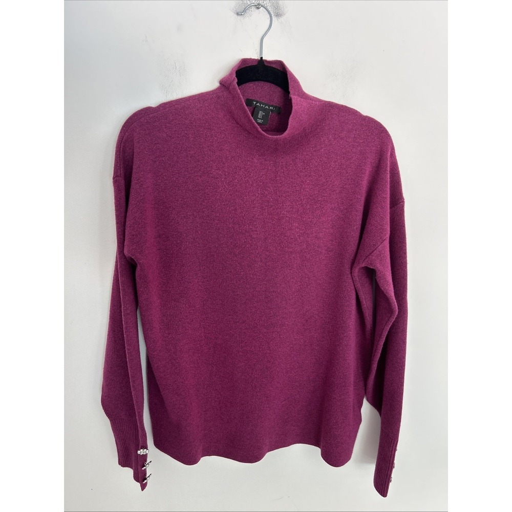 TAHARI fuchsia‎ Pink Turtle Neck Sweater long sleeve rhinestone button cuff L